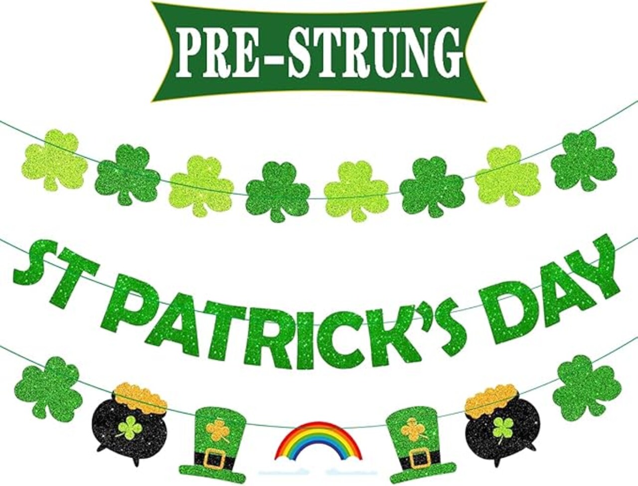 Pre-Strung St Patricks Day Banner Decorations, 3Pcs Glitter Saint Patricks Day Sign with Shamrock Clover,Leprechaun Hat,Rainbow, Pot of Gold Pattern for Irish Party Mantle Home Office Indoor Decor